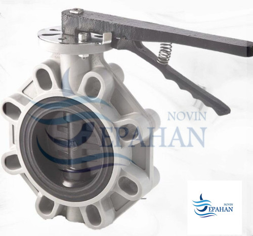 شیر پروانهای پلیمری سپاهان نوین با دسته فلزی مقاوم، مناسب برای کنترل دقیق جریان آب در سیستمهای آبیاری